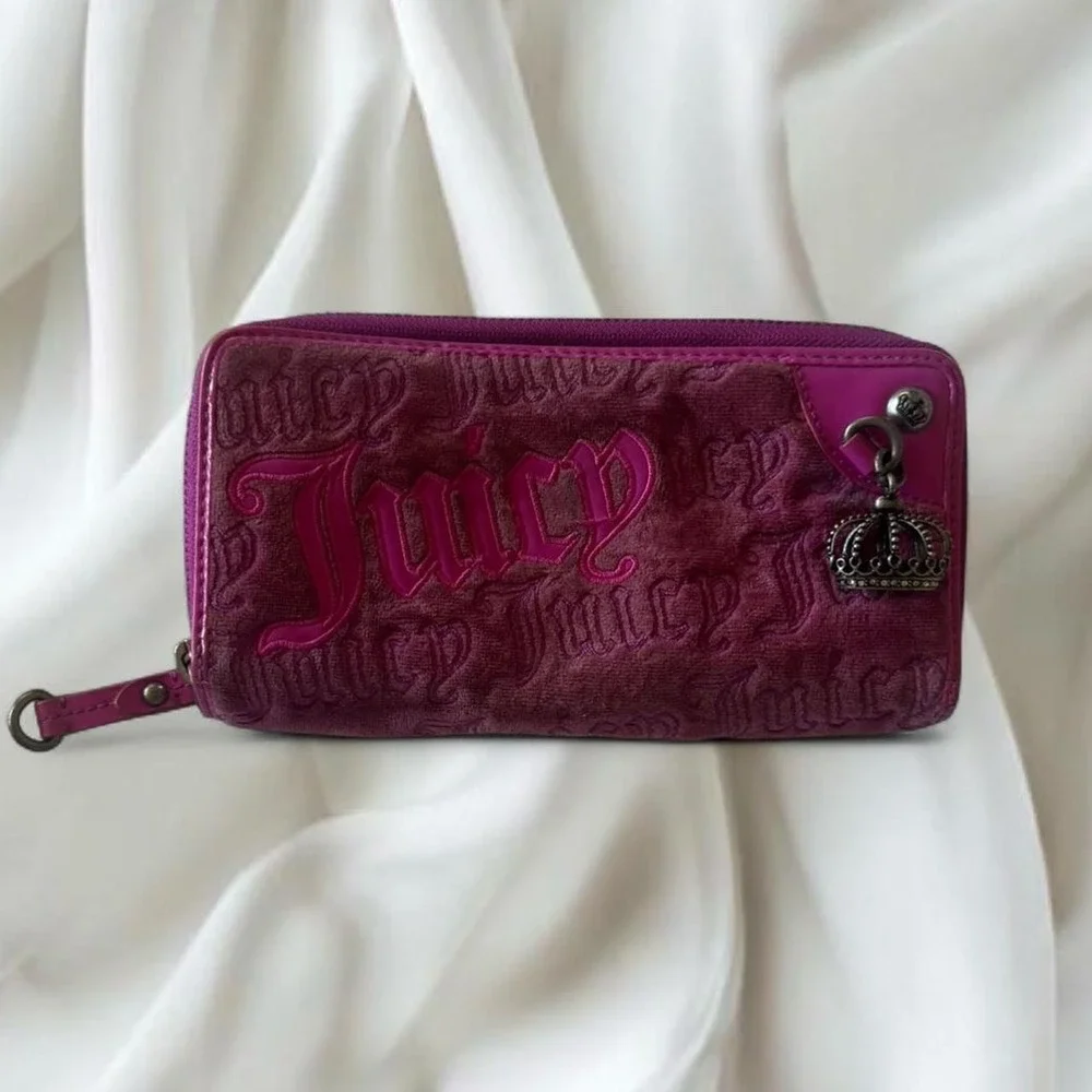Y2K‎ vintage pink velour Juicy Couture zip-around wallet with crown charm